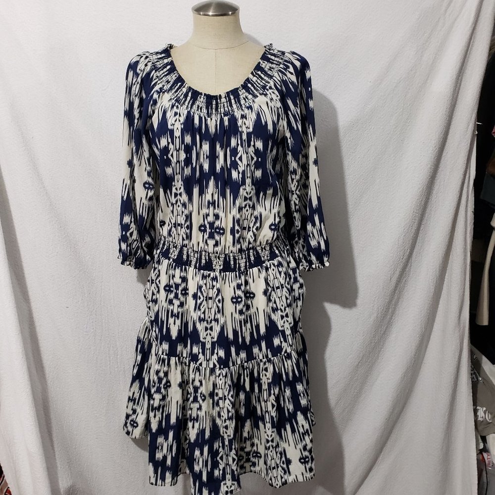 Chelsea & Theodore Navy Blue Ivory Peasant Dress Lined 3/4 Sleeve L